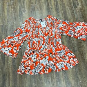 Elle Orange and White Graphic‎ Bell Sleeve Blouse